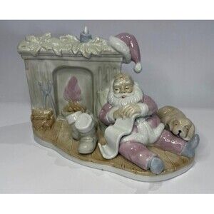 Vintage Porcelain Santa Figurine Fireplace Scene Dog Sleeping Christmas Decor